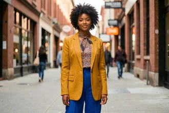Jeune femme portant un look color-block audacieux associant pantalon bleu cobalt et blazer jaune moutarde avec foulard à motifs géométriques en ville