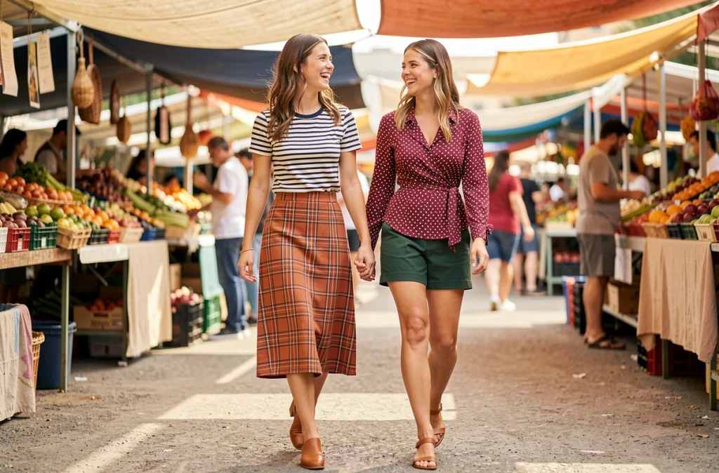 Deux amies au marché en plein air portant des tenues mixant rayures, carreaux et pois dans des palettes de couleurs complémentaires pour un style fashion coordonné