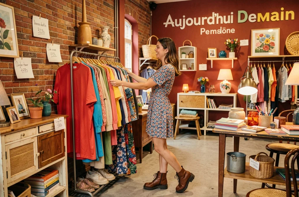Intérieur coloré d'Aujourd'hui Demain avec vêtements vintage, mobilier upcyclé et accessoires durables dans une atmosphère éclectique et joyeuse