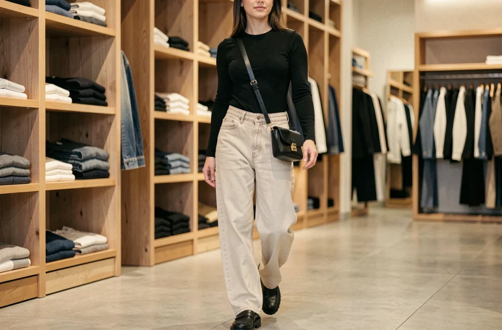Femme en baggy jean écru taille haute et top noir dans une boutique de mode, style chic et casual féminin