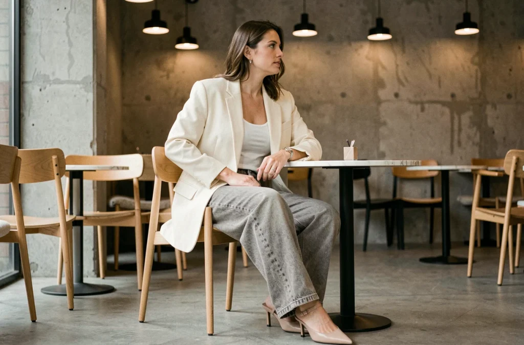 Femme assise en baggy jean gris et blazer crème dans un café minimaliste, look chic décontracté tendance