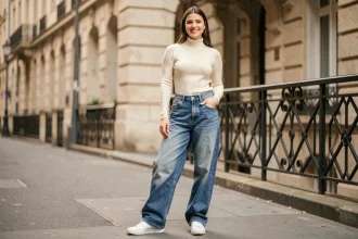 Femme portant un baggy jean indigo avec un pull col roulé ivoire dans une rue parisienne, tenue chic et décontractée