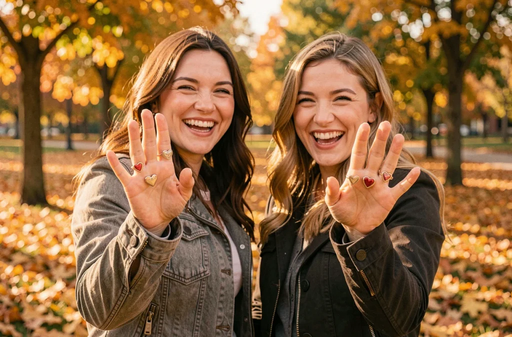 Deux amies en plein air montrant leurs bagues cœur magnétiques BFF personnalisées dans un parc en automne