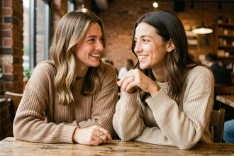 Deux amies portant des bagues cœur magnétiques assorties dans un café, symbolisant leur amitié BFF personnalisée