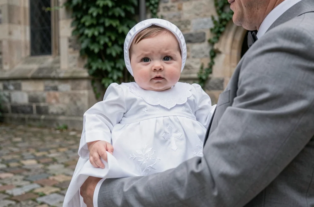Bébé garçon en robe de baptême longue blanche brodée tenu dans les bras d'un adulte devant une église en pierre