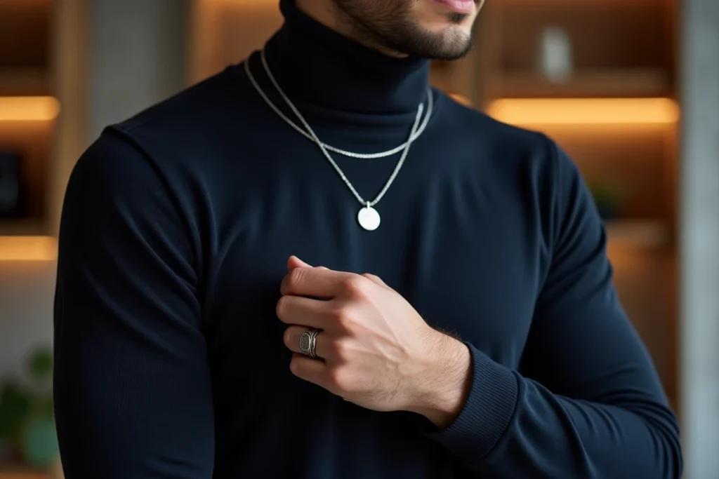 Homme élégant portant un collier en argent personnalisé et une chevalière gravée en laine navy, bijoux homme tendance 2026