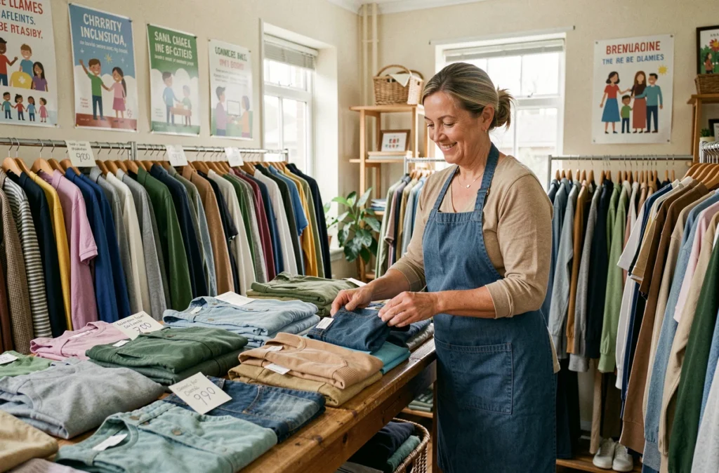 Une bénévole trie des vêtements donnés dans une boutique solidaire Bis, friperie à vocation sociale