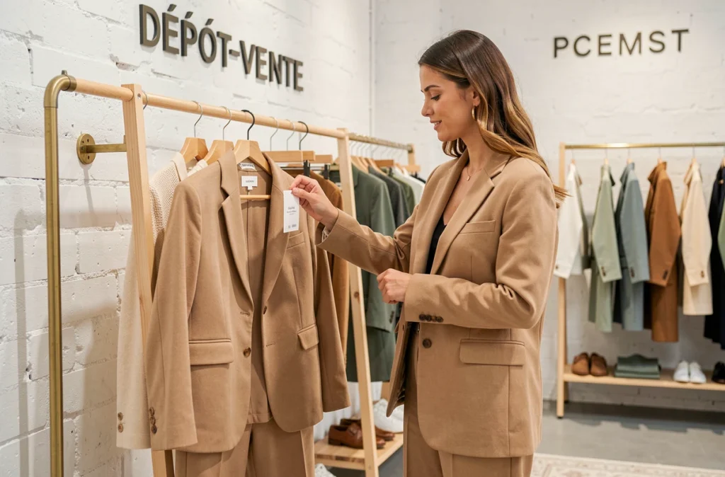 Une femme examine une pièce dans le dépôt-vente tendance Bobby Second Hand, boutique de seconde main sélective