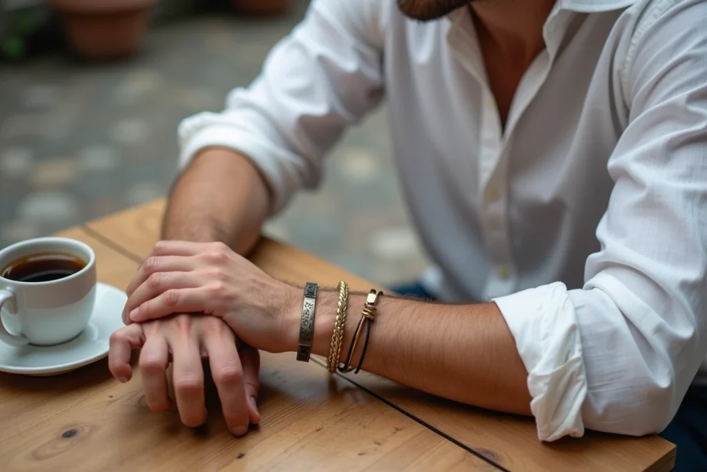 Bracelets homme empilés personnalisés en or mat et cordon avec charme, style moderne porté en terrasse café