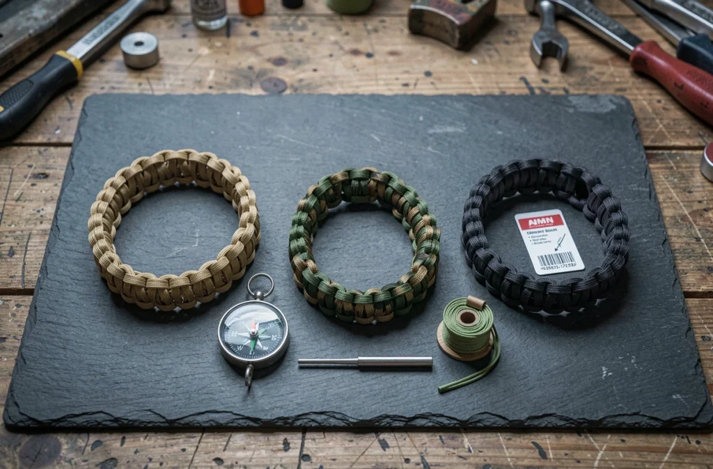 Présentation à plat de bracelets paracord de survie avec boussole, allume-feu et ligne de pêche sur ardoise