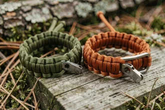 Bracelets de survie en paracord avec nœud cobra et boucle en acier sur surface en bois en forêt