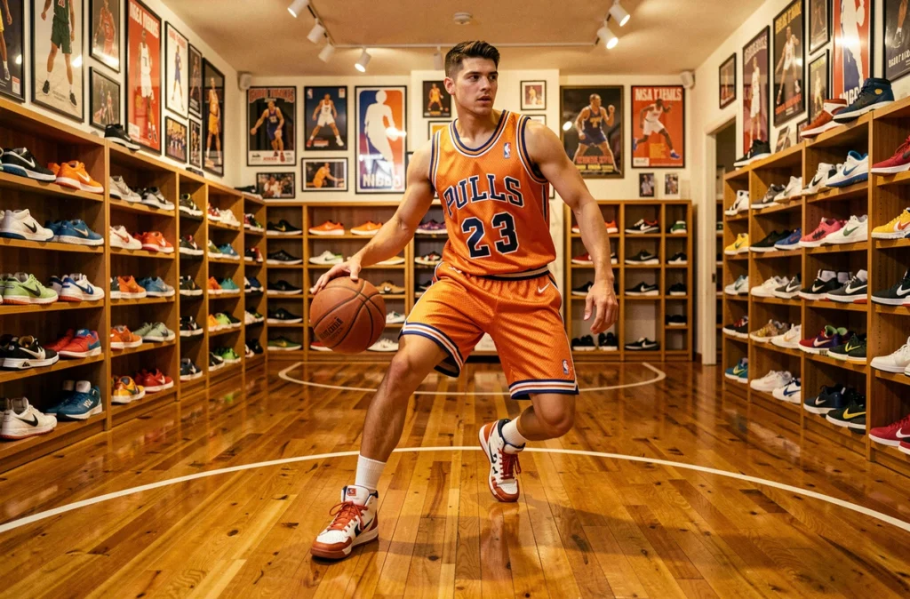 Jeune homme dribblant dans la boutique Bshop Basketball à Lille, décor inspiré du basketball avec des sneakers de sport