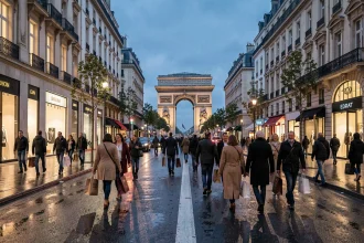 Avenue des Champs-Élysées animée un dimanche soir avec des boutiques ouvertes et des passants