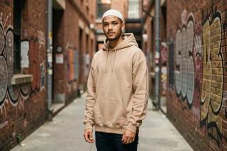 Jeune homme portant un kufi blanc et un hoodie streetwear beige dans une ruelle urbaine, illustrant le style musulman moderne