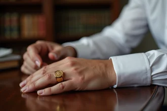 Homme portant une chevalière en or sur l'auriculaire, main posée sur un bureau en bois sombre, style élégant et raffiné