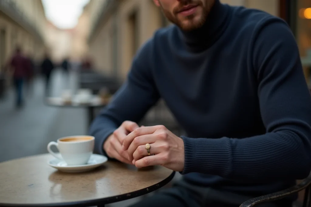Homme élégant avec une chevalière en or à la terrasse d'un café européen, style de vie urbain et raffiné