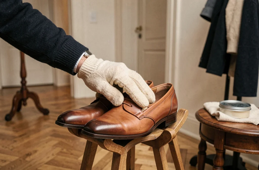 Homme lustrant des mocassins en cuir cognac avec un gant lustreur en peau de mouton dans une entrée élégante avec parquet en chevrons