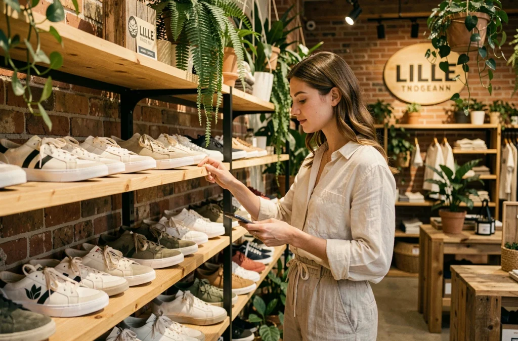 Femme explorant des sneakers éco-responsables chez Coco Friendly à Lille, boutique au décor naturel et durable