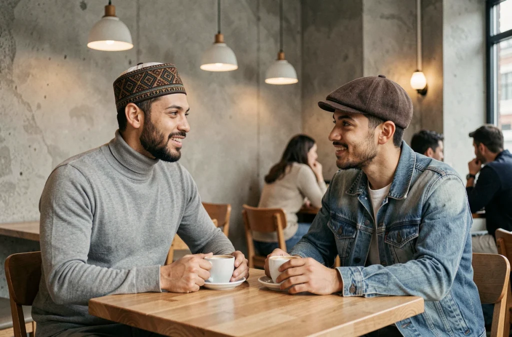 Deux jeunes hommes portant des coiffes musulmanes traditionnelles modernisées attablés dans un café minimaliste, mêlant style islamique et tendances streetwear actuelles