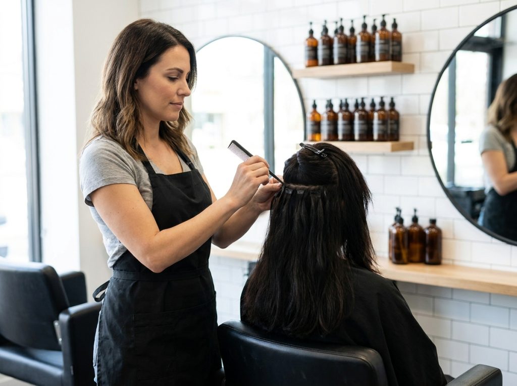 Coiffeuse professionnelle appliquant des extensions à clips sur une cliente en salon de coiffure