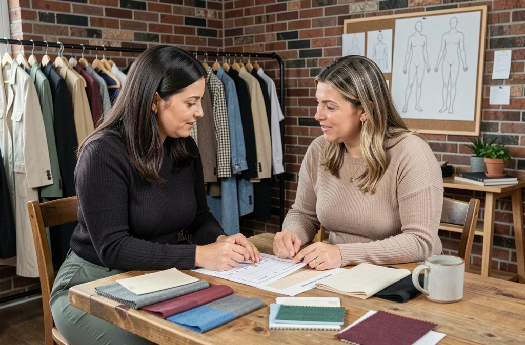 Deux femmes aux morphologies différentes comparant un guide des tailles et des échantillons de tissus dans un studio de mode, pour choisir les vêtements adaptés à leur silhouette