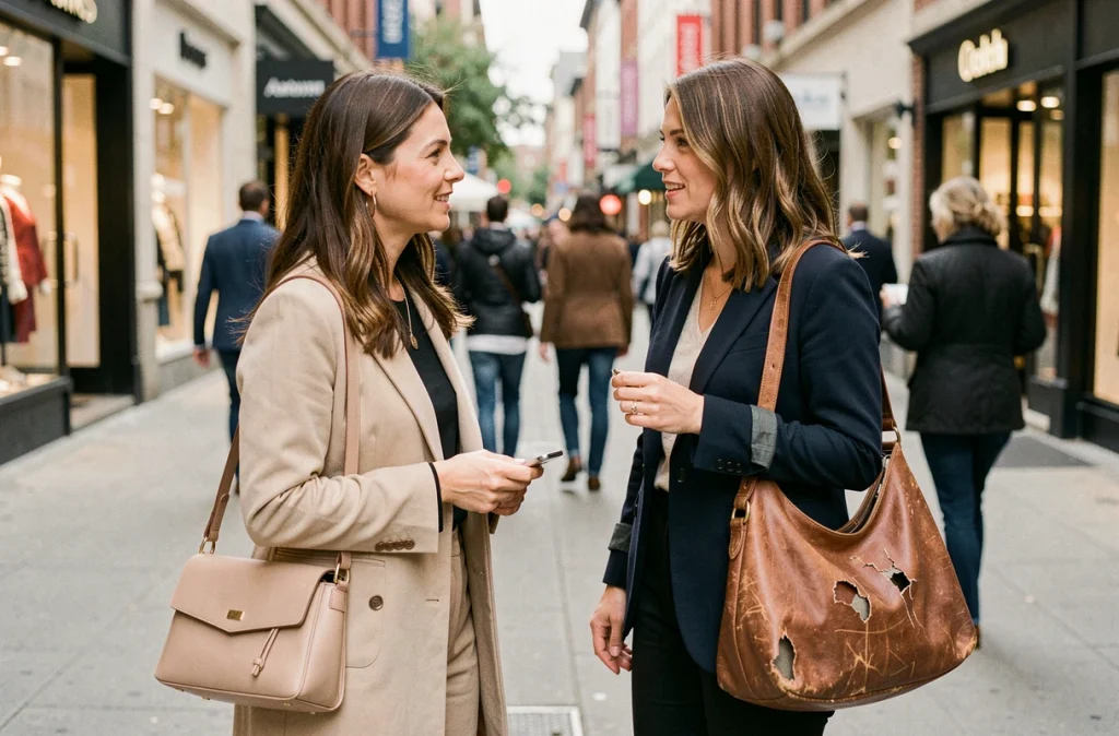 Deux femmes comparant leurs sacs à main en shopping, contraste entre un sac tendance 2026 et un sac démodé qui vieillit la tenue