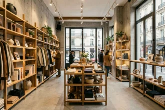 Vue grand angle d'un concept store parisien contemporain avec mobilier en bois, objets design et clientèle en train de flâner