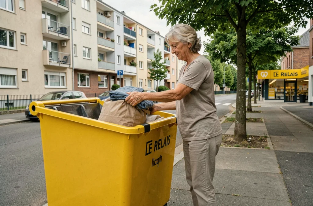 Une femme dépose des vêtements dans un conteneur jaune Le Relais sur un trottoir de banlieue en Île-de-France