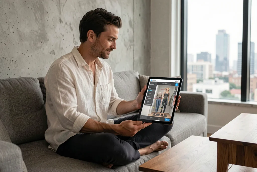 Homme utilisant une application de silhouette virtuelle sur tablette pour créer son avatar avec mensurations