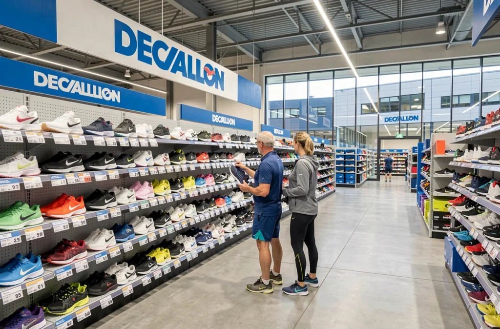 Couple parcourant le rayon chaussures du Decathlon Villeneuve-d'Ascq Campus, grand espace sport moderne et bien organisé