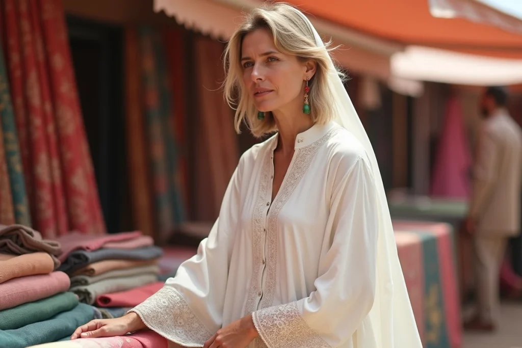 Femme en djilbeb blanc en voile de coton choisissant des tissus dans un marché textile estival, légèreté et respirabilité