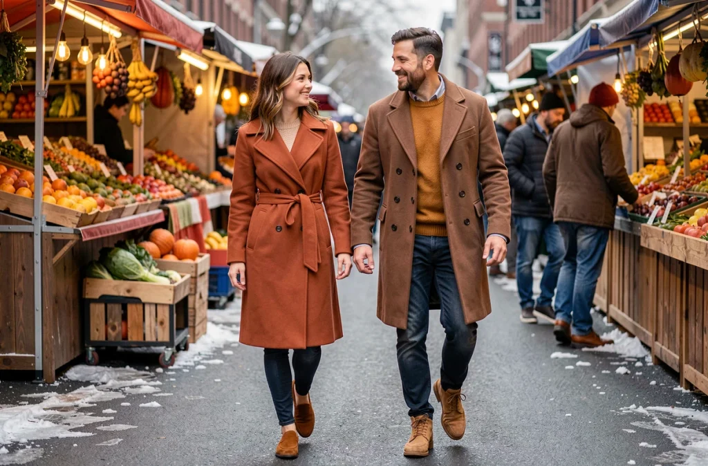 Duo stylé en manteaux rouille et marron, pulls colorés et chaussures en cuir pour l'hiver 2026 au marché