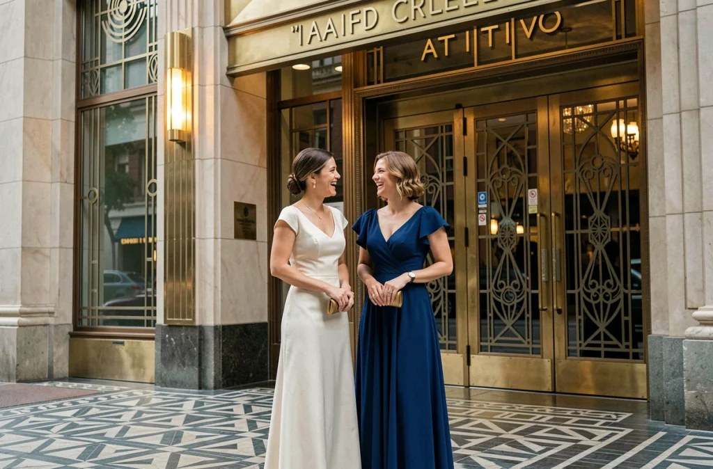 Deux femmes en robes de soirée style années 30 devant l'entrée d'un théâtre Art Déco restauré