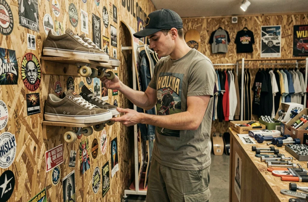 Jeune skateur inspectant des chaussures de skate chez Ekiden Skateshop à Lille, ambiance authentique de shop indépendant