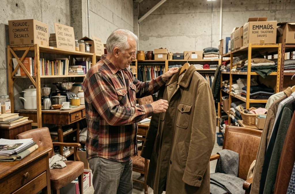 Un homme examine un manteau dans un entrepôt Emmaüs, réseau historique de la seconde main en France