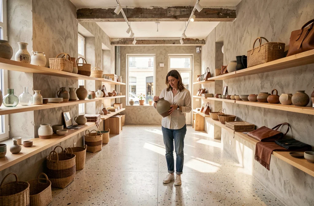 Espace Empreintes dédié à l'artisanat français avec céramiques, objets en verre soufflé et maroquinerie exposés sur des étagères en bois flotté
