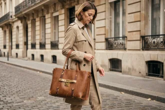 Femme parisienne tenant un grand sac à main démodé avec une ferraille dorée usée, erreur de style vestimentaire à éviter en 2026