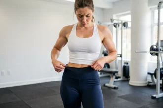 Femme ajustant ses leggings Leonie and co dans une salle de sport moderne, illustrant les erreurs courantes d'utilisation