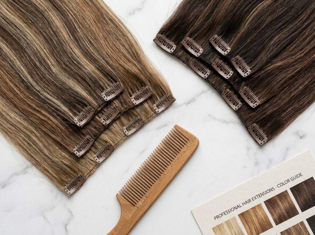 Extensions à clips en différentes teintes posées sur une surface en marbre avec peigne et nuancier