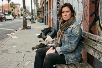 Femme seule assise sur un banc urbain usé à Los Angeles, vêtements en couches dépareillés, expression mélancolique évoquant la précarité et l'isolement social