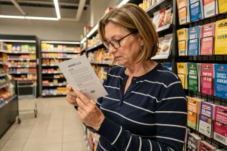 Femme lisant le règlement d'une vignette Intermarché Armor Lux en magasin