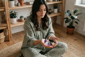 Femme méditant avec des pierres naturelles améthyste et quartz rose dans les mains, intérieur minimaliste en bois