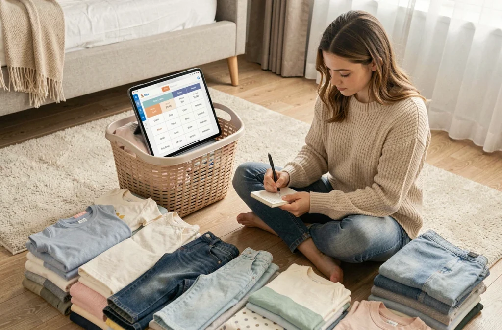 Femme organisant des vêtements enfants par taille avec un tableau de conversion affiché sur tablette