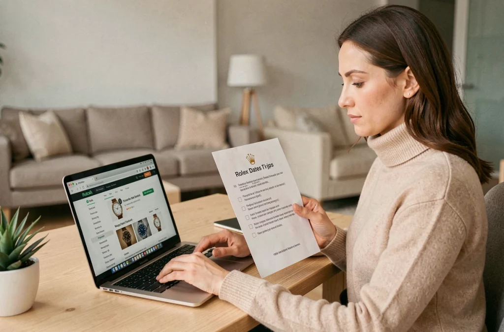 Femme consultant une liste de conseils d'achat pour une Rolex Datejust sur son ordinateur à domicile
