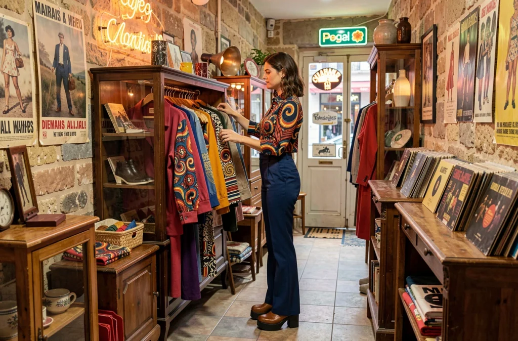 Une femme en tenue vintage années 70 dans une boutique rétro du Marais évoquant l'univers de Free'p'Star