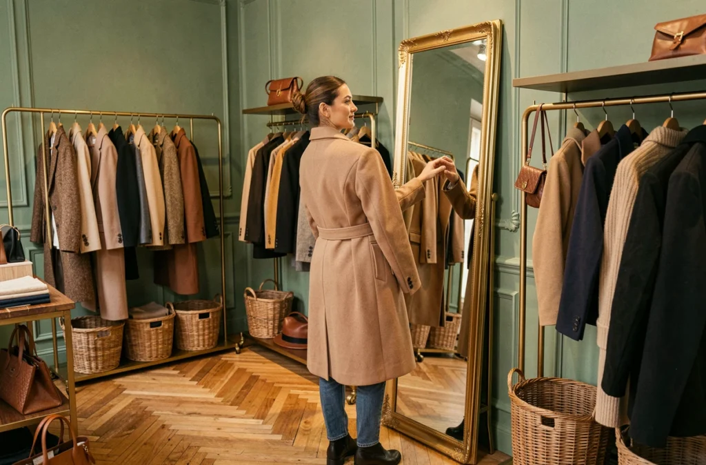Boutique French Trotters avec parquet en chevrons, portants laiton et veste en laine portée par une cliente parisienne souriante