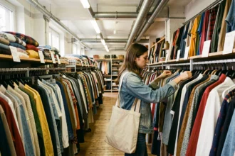Une jeune femme explore les portants d'une friperie parisienne animée, entourée de vêtements vintage colorés