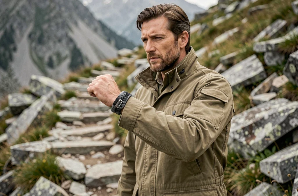 Homme en veste de terrain portant un bracelet paracord de survie avec pierre à feu en montagne
