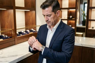 Homme examinant attentivement une montre Rolex Datejust dans une boutique de luxe avant achat