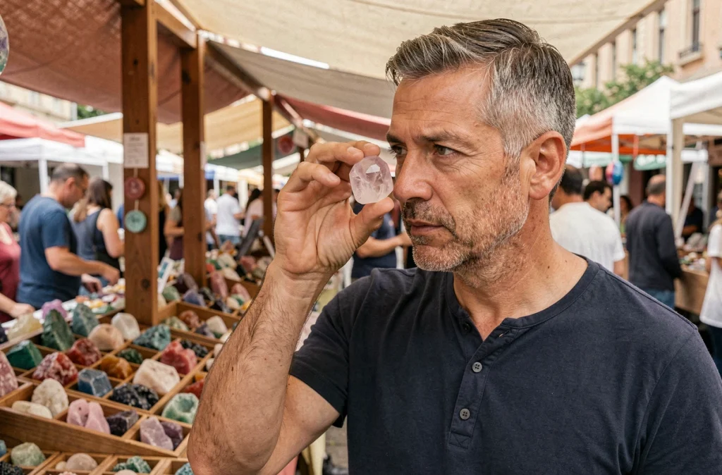 Homme examinant un cristal de quartz rose brut dans un marché artisanal de pierres naturelles en plein air